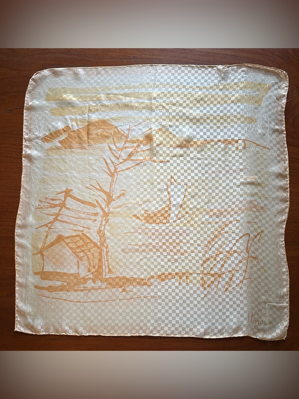 Vintage Vera hand painted Silk Scenic Square Scarf in Cream and light orange
